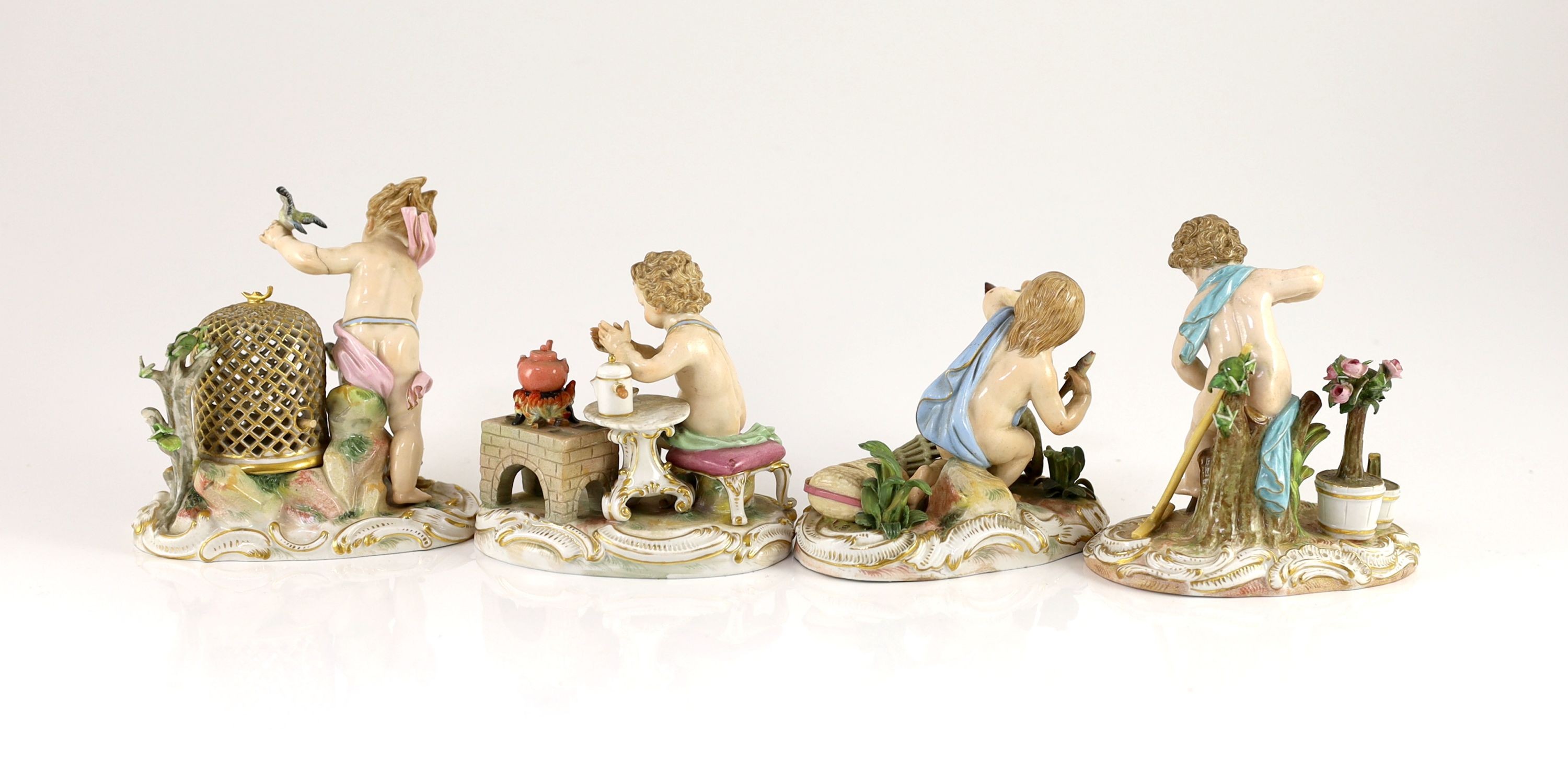 A set of four Meissen figures emblematic of the Elements, late 19th century, tallest 12.5cm high, minor faults